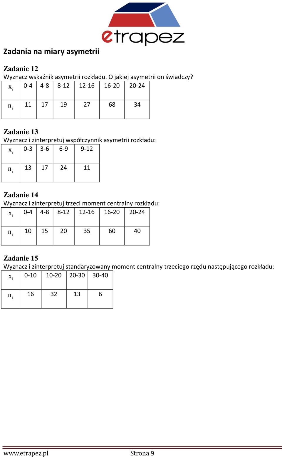 9-12 n 13 17 24 11 Zadane 14 Wyznacz znterpretuj trzec moment centralny rozkładu: x 0-4 4-8 8-12 12-16 16-20 20-24 n 10 15 20 35