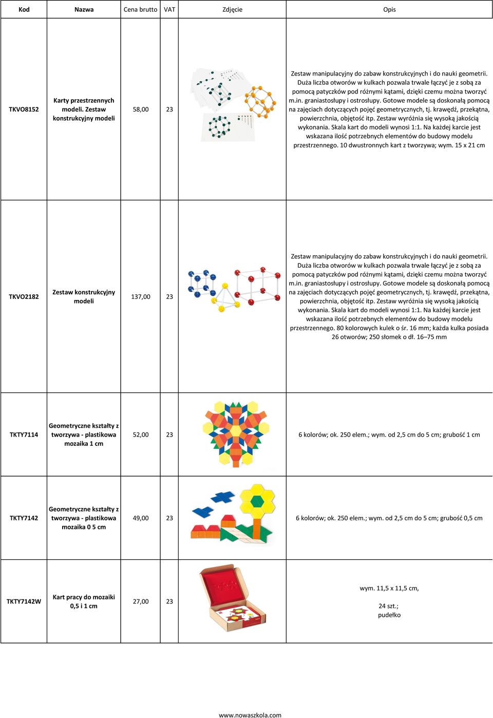 Gotowe modele są doskonałą pomocą na zajęciach dotyczących pojęć geometrycznych, tj. krawędź, przekątna, powierzchnia, objętość itp. Zestaw wyróżnia się wysoką jakością wykonania.