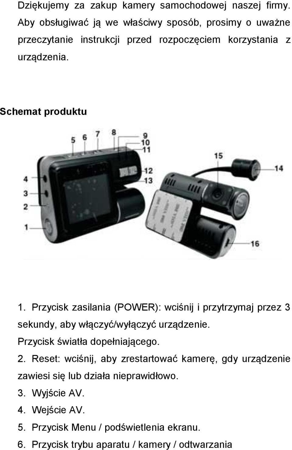 Schemat produktu 1. Przycisk zasilania (POWER): wciśnij i przytrzymaj przez 3 sekundy, aby włączyć/wyłączyć urządzenie.
