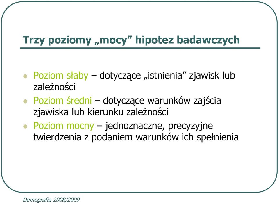 warunków zajścia zjawiska lub kierunku zależności Poziom mocny