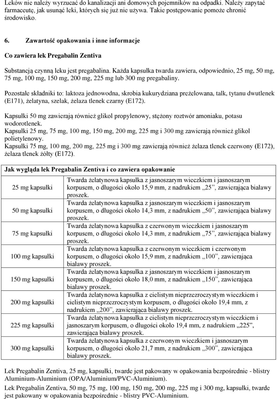 Każda kapsułka twarda zawiera, odpowiednio, 25 mg, 50 mg, 75 mg, 100 mg, 150 mg, 200 mg, 225 mg lub 300 mg pregabaliny.