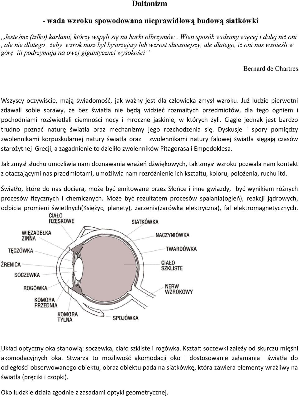 wysokości Bernard de Chartres Wszyscy oczywiście, mają świadomość, jak ważny jest dla człowieka zmysł wzroku.
