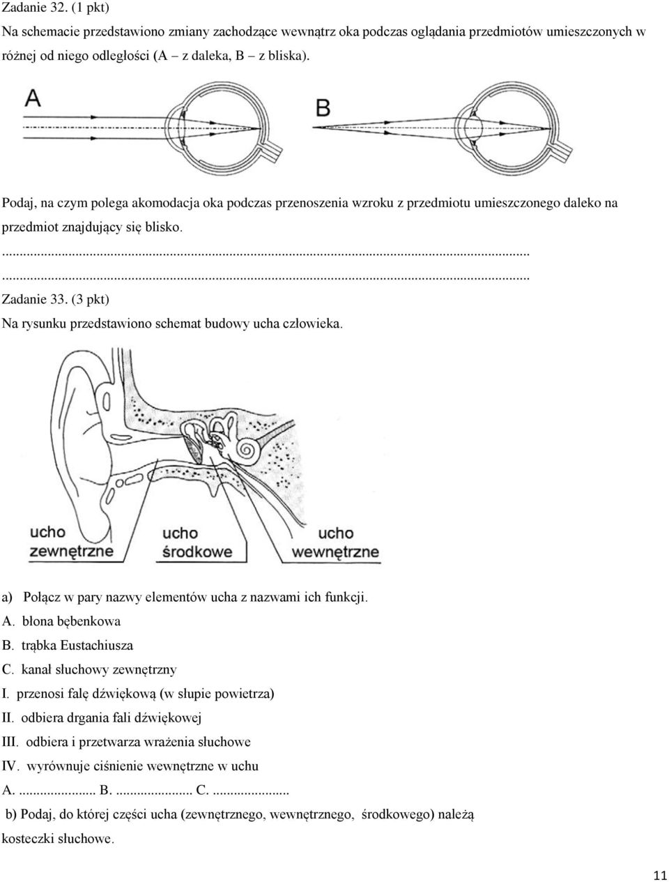 (3 pkt) Na rysunku przedstawiono schemat budowy ucha człowieka. a) Połącz w pary nazwy elementów ucha z nazwami ich funkcji. A. błona bębenkowa B. trąbka Eustachiusza C. kanał słuchowy zewnętrzny I.