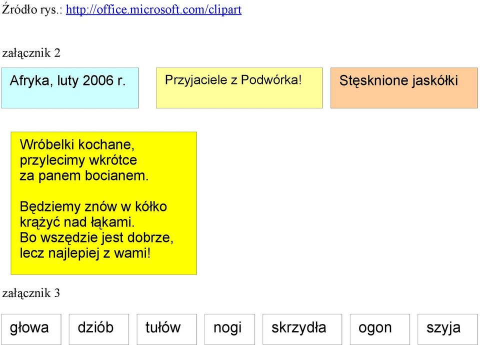 Stęsknione jaskółki Wróbelki kochane, przylecimy wkrótce za panem bocianem.