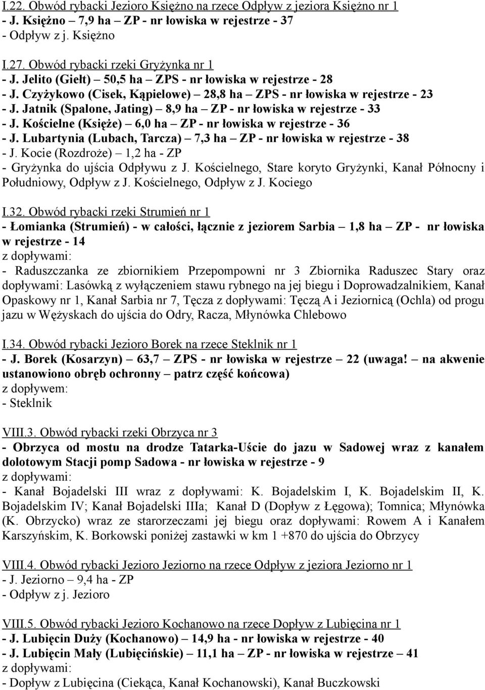 Jatnik (Spalone, Jating) 8,9 ha ZP - nr łowiska w rejestrze - 33 - J. Kościelne (Księże) 6,0 ha ZP - nr łowiska w rejestrze - 36 - J.