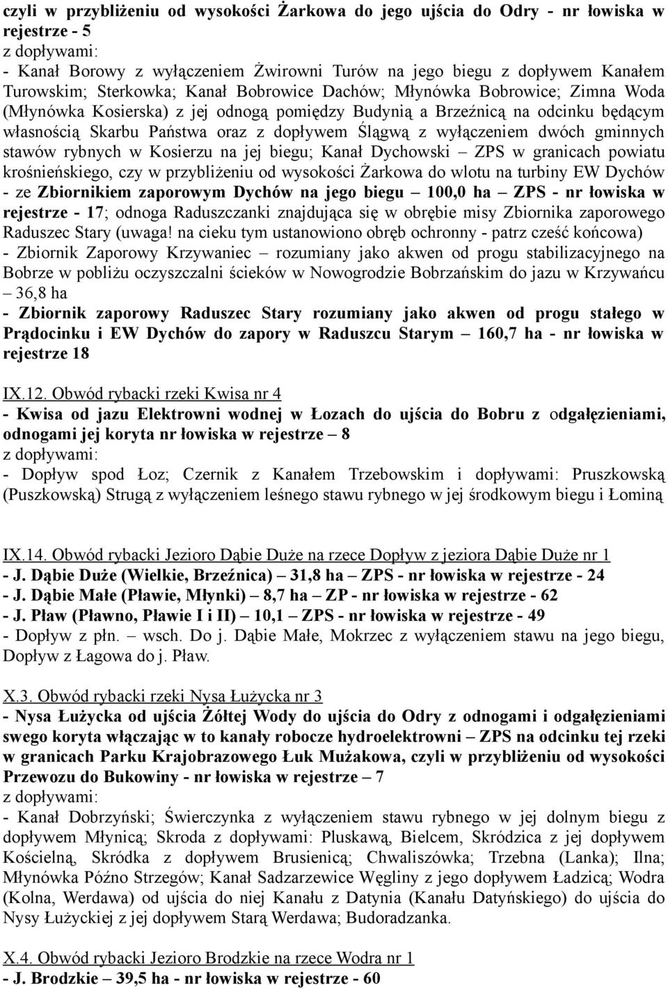 gminnych stawów rybnych w Kosierzu na jej biegu; Kanał Dychowski ZPS w granicach powiatu krośnieńskiego, czy w przybliżeniu od wysokości Żarkowa do wlotu na turbiny EW Dychów - ze Zbiornikiem