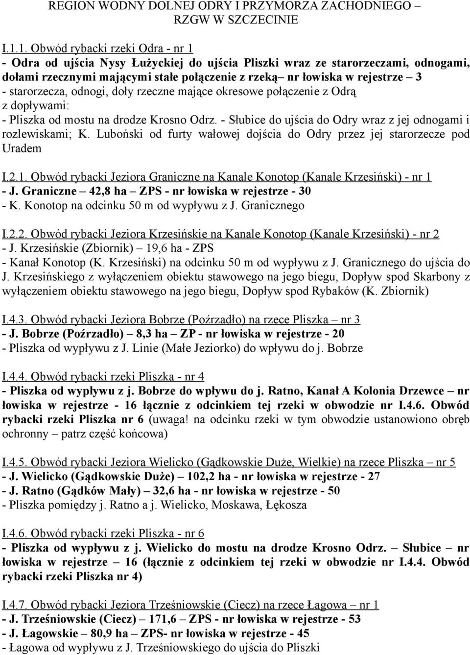 starorzecza, odnogi, doły rzeczne mające okresowe połączenie z Odrą - Pliszka od mostu na drodze Krosno Odrz. - Słubice do ujścia do Odry wraz z jej odnogami i rozlewiskami; K.