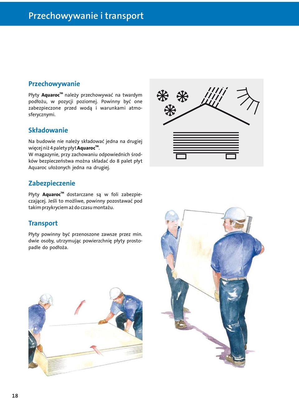 W magazynie, przy zachowaniu odpowiednich środków bezpieczeństwa można składać do 8 palet płyt Aquaroc ułożonych jedna na drugiej.