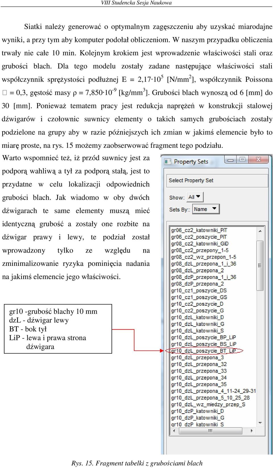 Dla tego modelu zostały zadane następujące właściwości stali współczynnik spręŝystości podłuŝnej E = 2,17 10 5 [N/mm 2 ], współczynnik Poissona ʋ = 0,3, gęstość masy ρ = 7,850 10-9 [kg/mm 3 ].