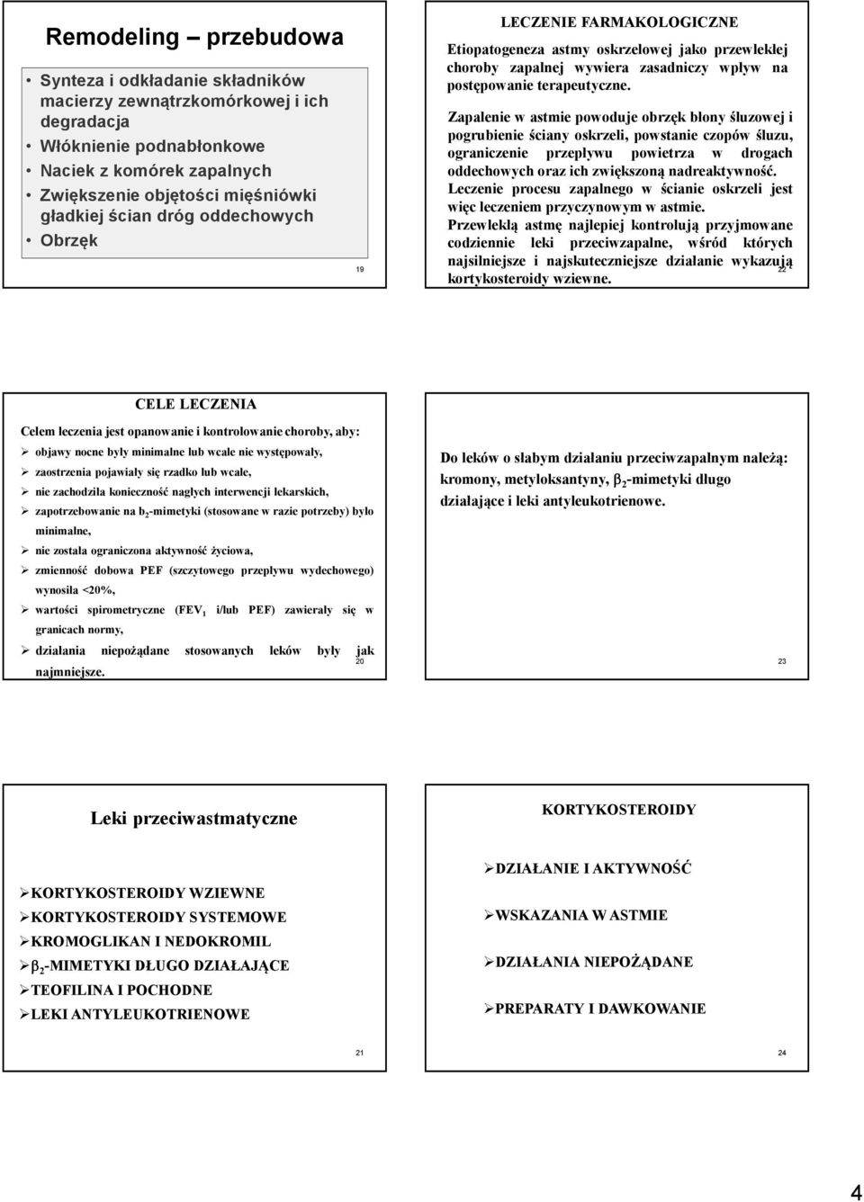 Zapalenie w astmie powoduje obrzęk błony śluzowej i pogrubienie ściany oskrzeli, powstanie czopów śluzu, ograniczenie przepływu powietrza w drogach oddechowych oraz ich zwiększoną nadreaktywność.