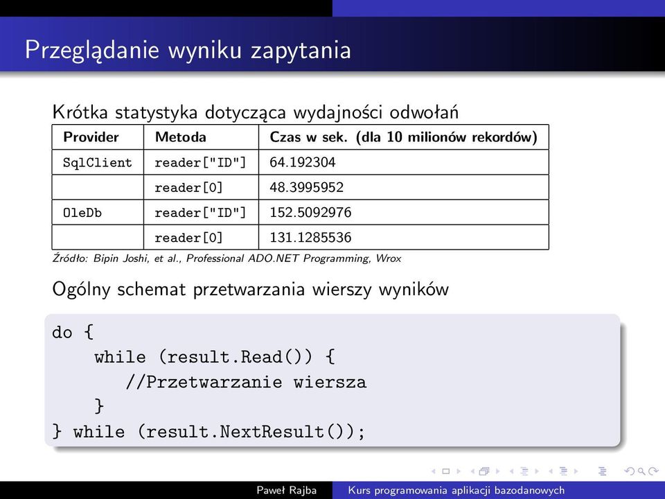 5092976 reader[0] 131.1285536 Źródło: Bipin Joshi, et al., Professional ADO.