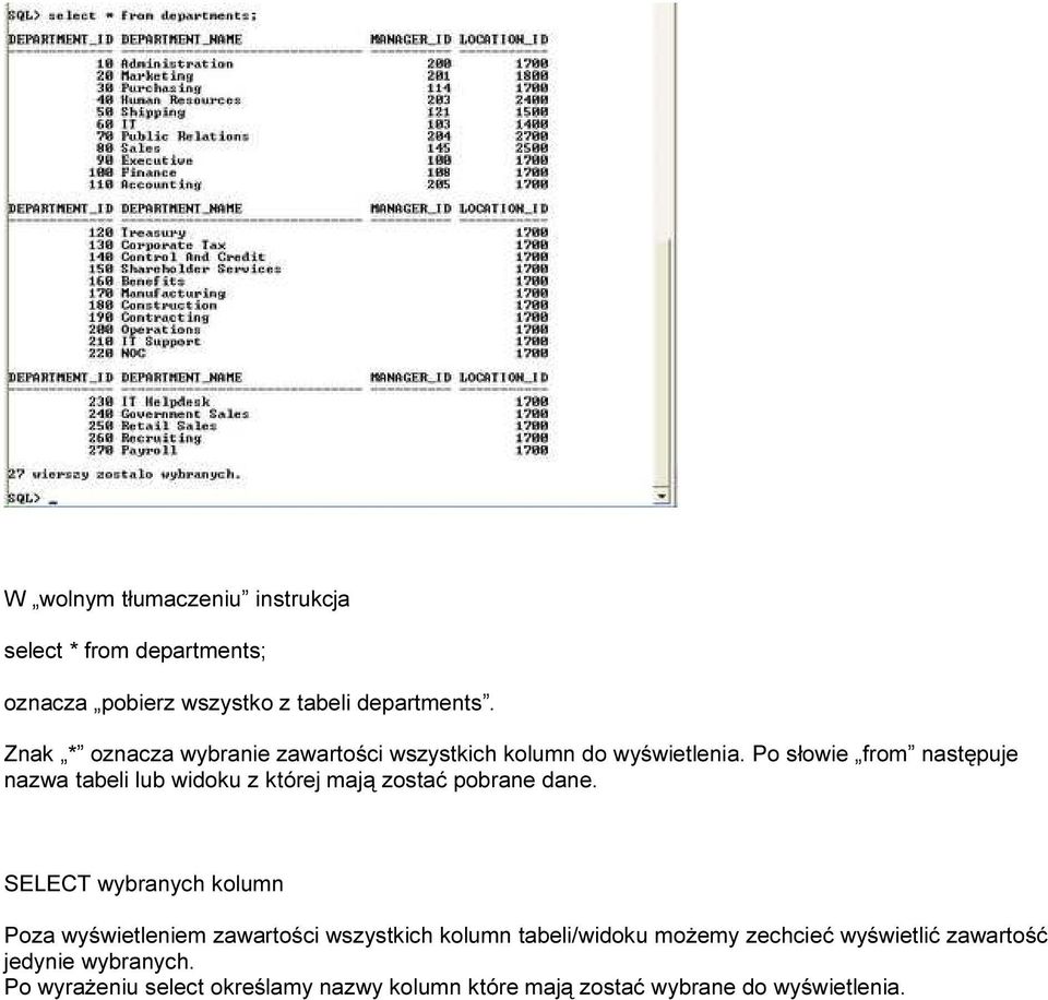 Po słowie from następuje nazwa tabeli lub widoku z której mają zostać pobrane dane.
