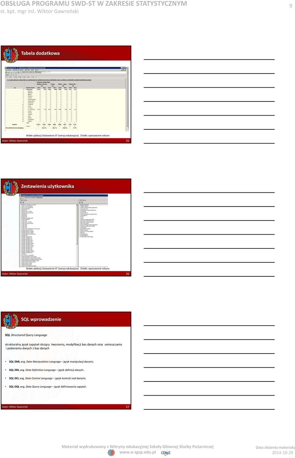 Źródło: opracowanie własne 26 SQL wprowadzenie SQL Structured Query Language strukturalny język zapytań służący tworzeniu, modyfikacji baz danych oraz