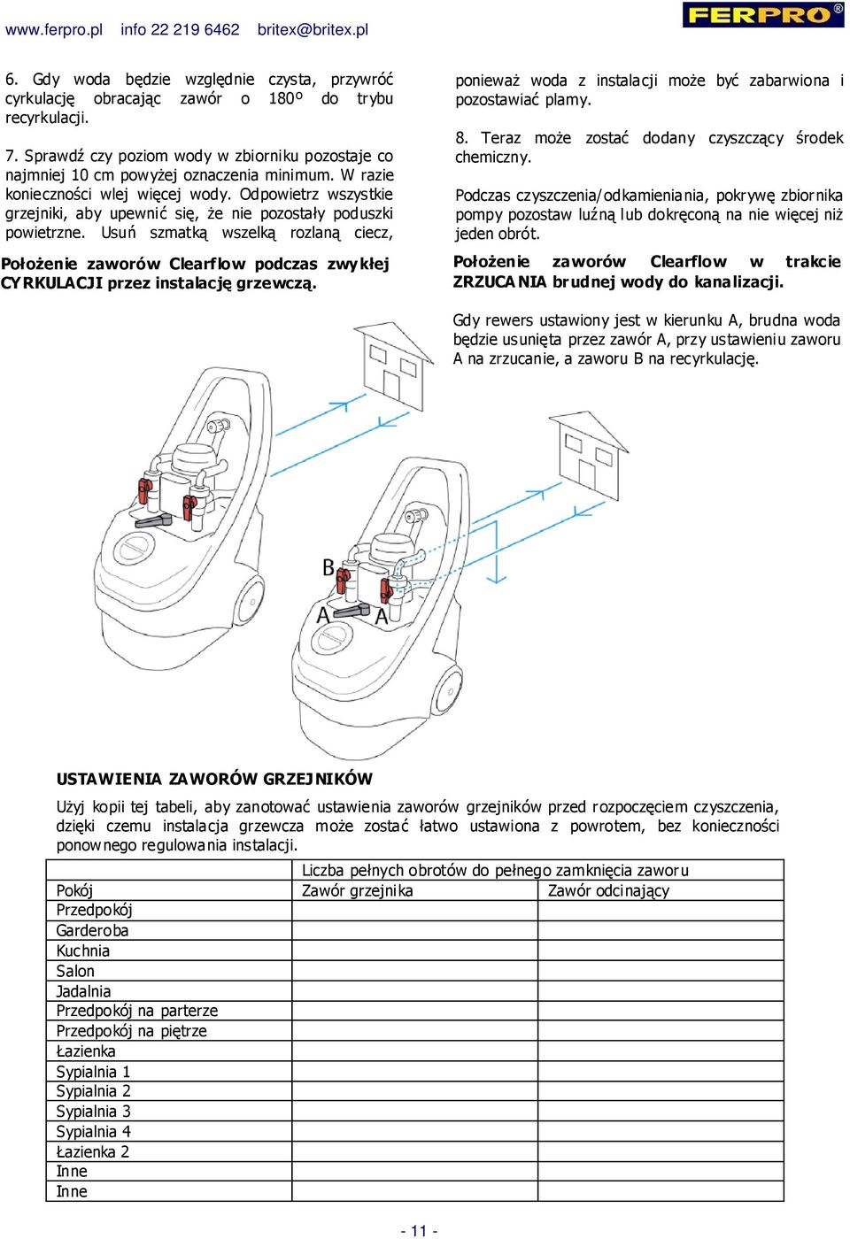 Usuń szmatką wszelką rozlaną ciecz, Położenie zaworów Clearflow podczas zwykłej CYRKULACJI przez instalację grzewczą. ponieważ woda z instalacji może być zabarwiona i pozostawiać plamy. 8.