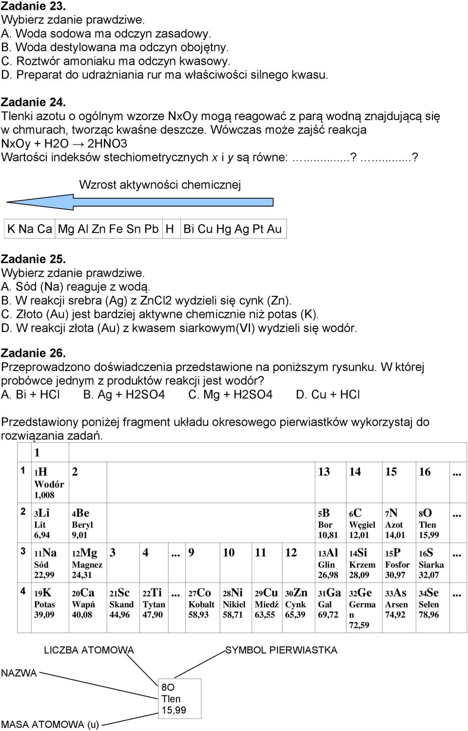 Wówczas może zajść reakcja NxOy + H2O 2HNO3 Wartości indeksów stechiometrycznych x i y są równe:..?? Wzrost aktywności chemicznej K Na Ca Mg Al Zn Fe Sn Pb H Bi Cu Hg Ag Pt Au Zadanie 25.