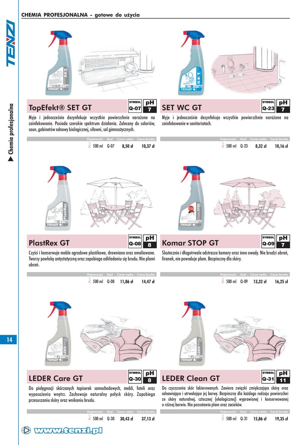 500 ml Q07 8,50 zł Q07 7 10,37 zł SET WC GT Q23 Myje i jednocześnie dezynfekuje wszystkie powierzchnie narażone na zainfekowanie w sanitariatach.