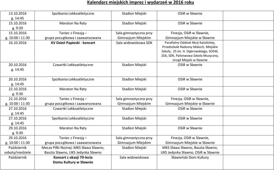 10.2016 29.10.2016 i 11:30 Październik soboty/niedziele Październik Spotkania Lekkoatletyczne Stadion Miejski Maraton Na Raty Stadion Miejski Finezja,, Czwartki Lekkoatletyczne Stadion Miejski