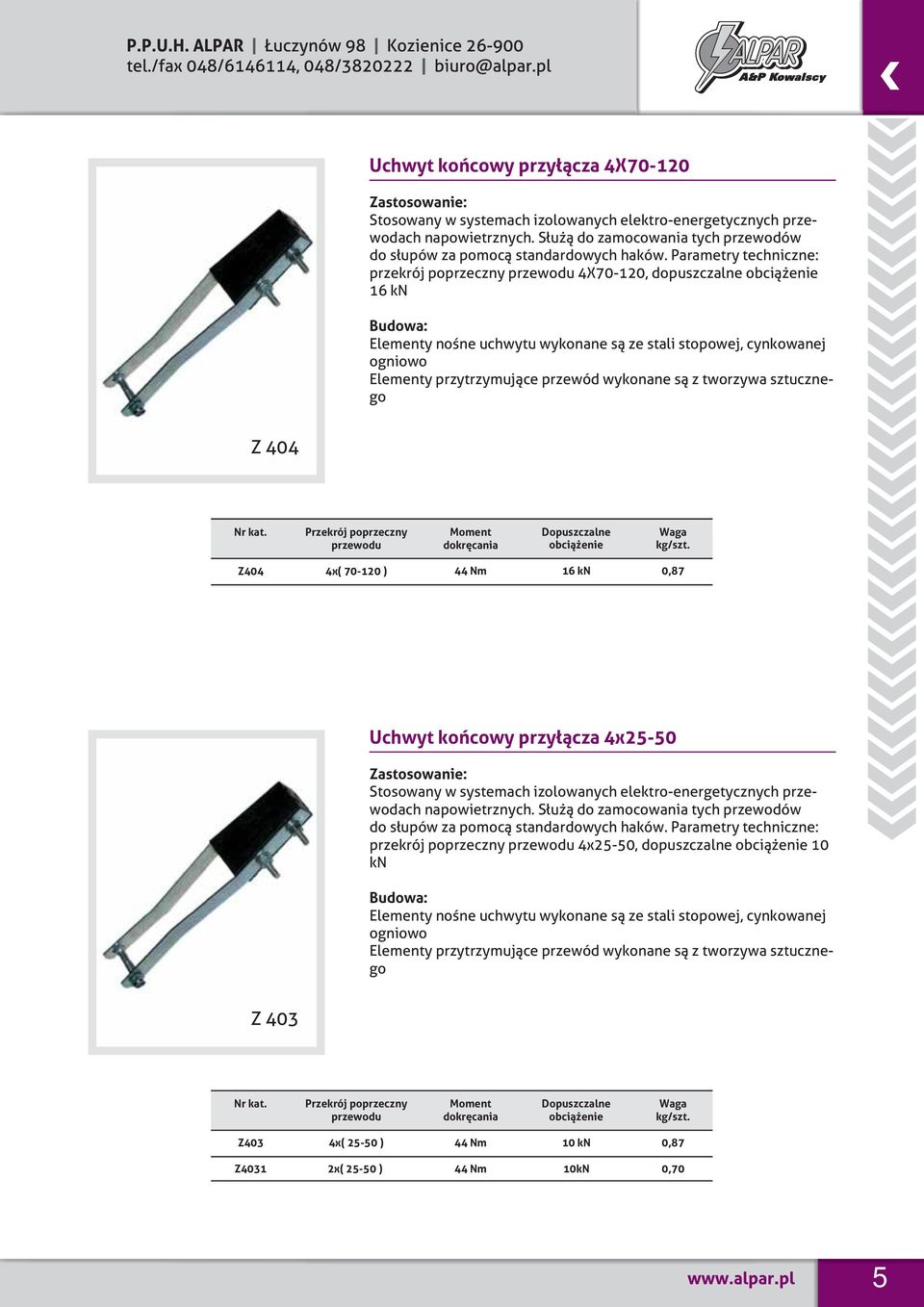 wykonane są z tworzywa sztucznego Z 404 Przekrój poprzeczny przewodu Moment dokręcania Dopuszczalne obciążenie Z404 4x( 70-120 ) 44 Nm 16 kn 0,87 Uchwyt końcowy przyłącza 4x25-50 Stosowany w