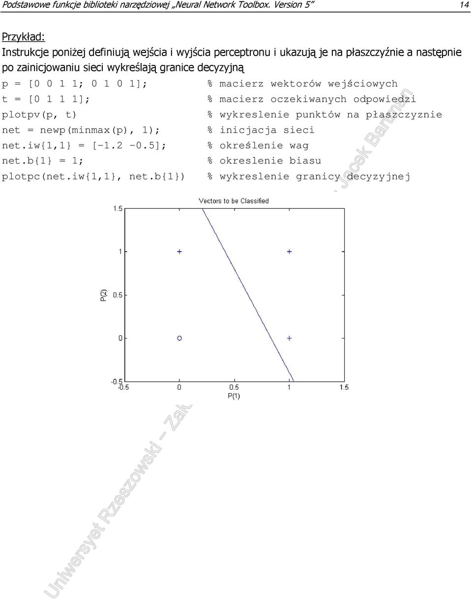 wykreślają granice decyzyjną p = [0 0 1 1; 0 1 0 1]; t = [0 1 1 1]; plotpv(p, t) net = newp(minmax(p), 1); net.iw{1,1} = [-1.2-0.5]; net.
