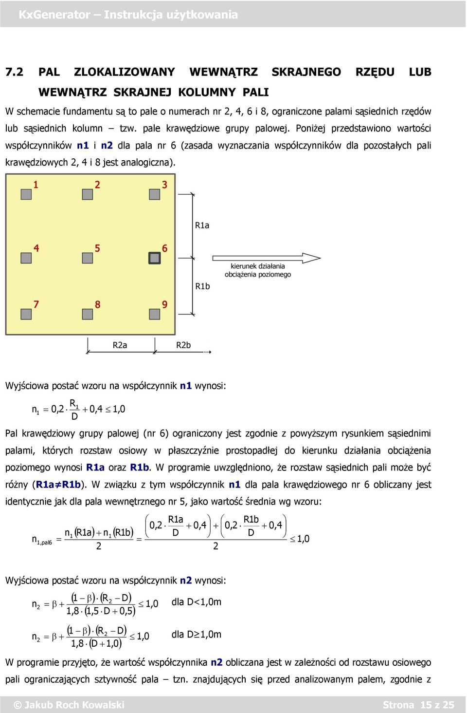 Wyjściowa postać wzoru na współczynnik n wynosi: R 0, 0,4,0 D n Pal krawędziowy grupy palowej (nr 6) ograniczony jest zgodnie z powyższym rysunkiem sąsiednimi palami, których rozstaw osiowy w
