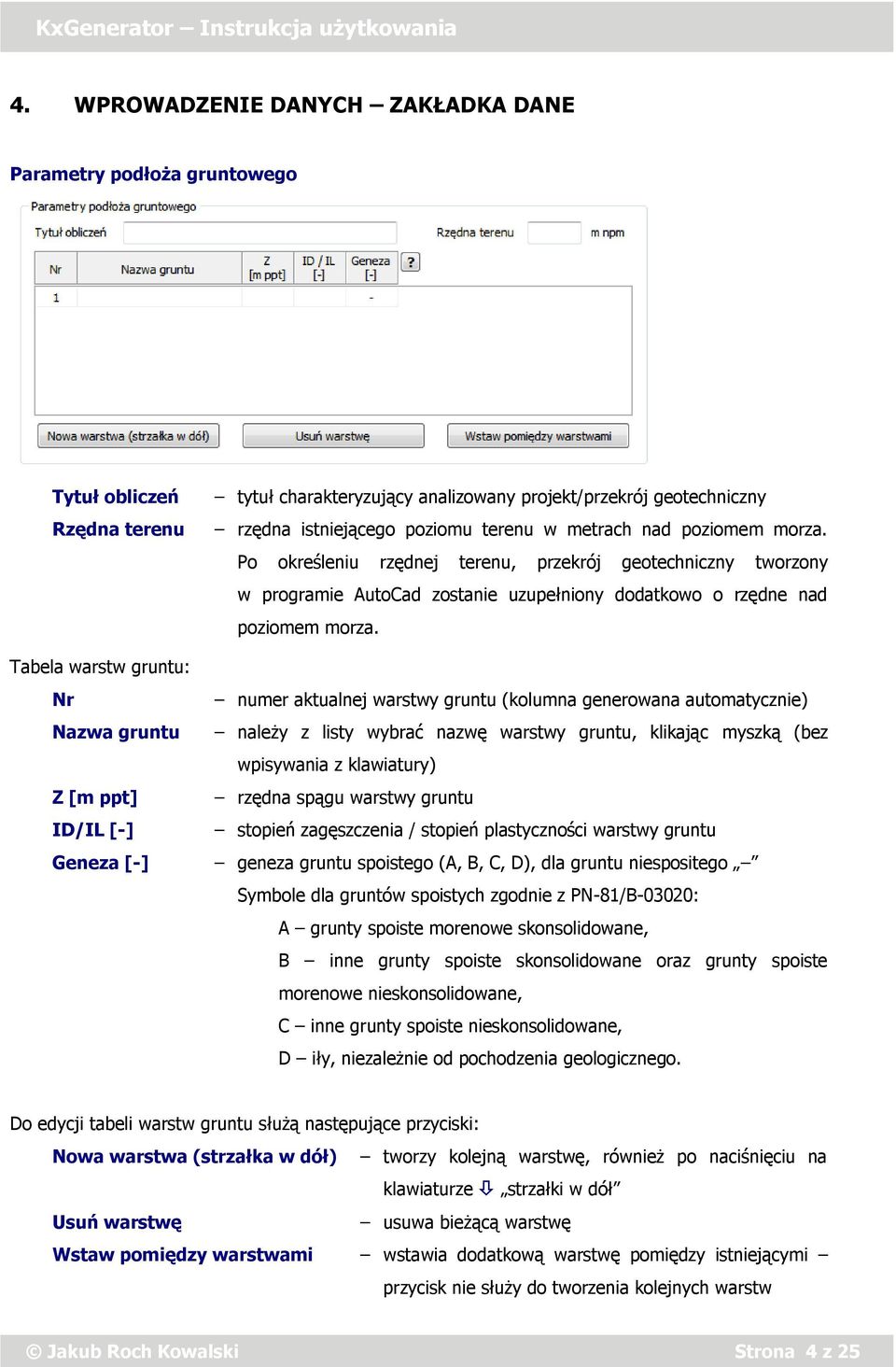 Tabela warstw gruntu: Nr numer aktualnej warstwy gruntu (kolumna generowana automatycznie) Nazwa gruntu należy z listy wybrać nazwę warstwy gruntu, klikając myszką (bez wpisywania z klawiatury) Z [m