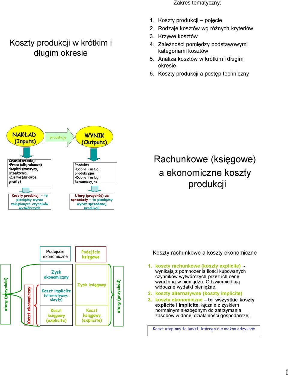 Koszty a postęp techniczny NAKŁAD (Inputs) produkcja WYNIK (Outputs) Produkt: Dobra i usługi produkcyjne Dobra i usługi konsumpcyjne Rachunkowe (księgowe) a ekonomiczne Koszty to pieniężny wyraz