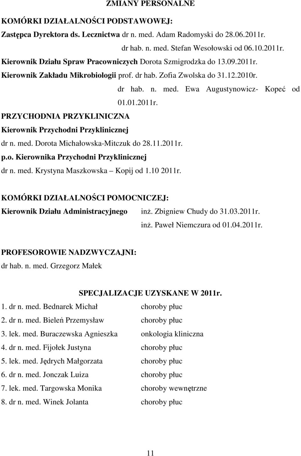 med. Dorota Michałowska-Mitczuk do 28.11.2011r. p.o. Kierownika Przychodni Przyklinicznej dr n. med. Krystyna Maszkowska Kopij od 1.10 2011r.