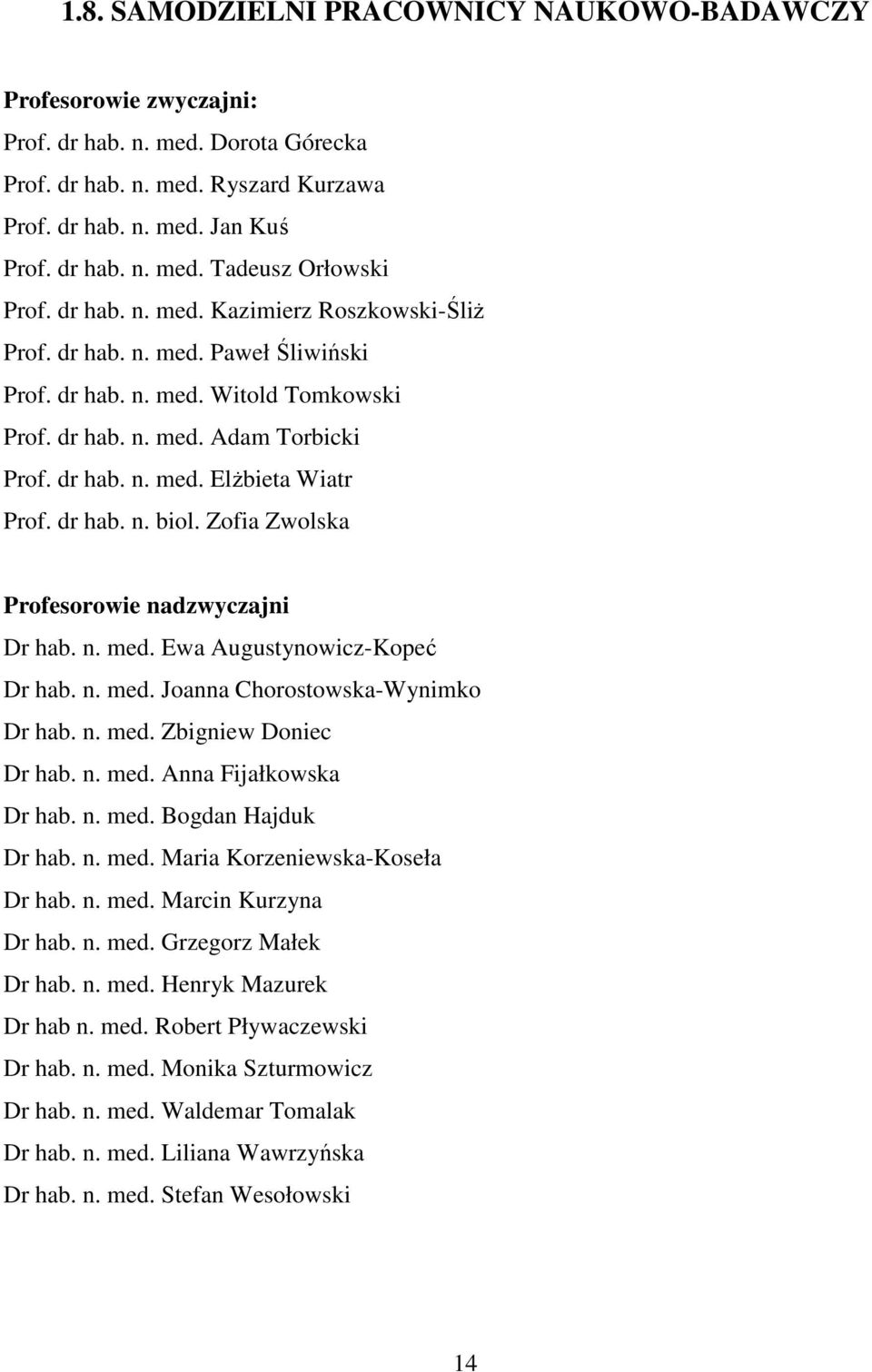 dr hab. n. biol. Zofia Zwolska Profesorowie nadzwyczajni Dr hab. n. med. Ewa Augustynowicz-Kopeć Dr hab. n. med. Joanna Chorostowska-Wynimko Dr hab. n. med. Zbigniew Doniec Dr hab. n. med. Anna Fijałkowska Dr hab.