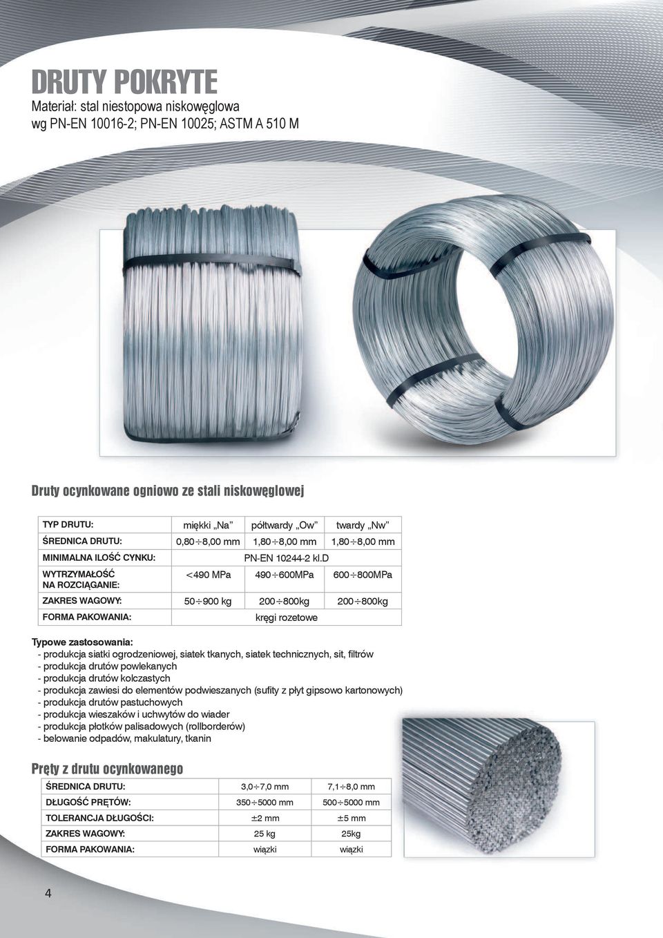 d <490 MPa 490 600MPa 600 800MPa ZAKRES WAGOWY: 50 900 kg 200 800kg 200 800kg FORMA PAKOWANIA: kręgi rozetowe Typowe zastosowania: - produkcja siatki ogrodzeniowej, siatek tkanych, siatek