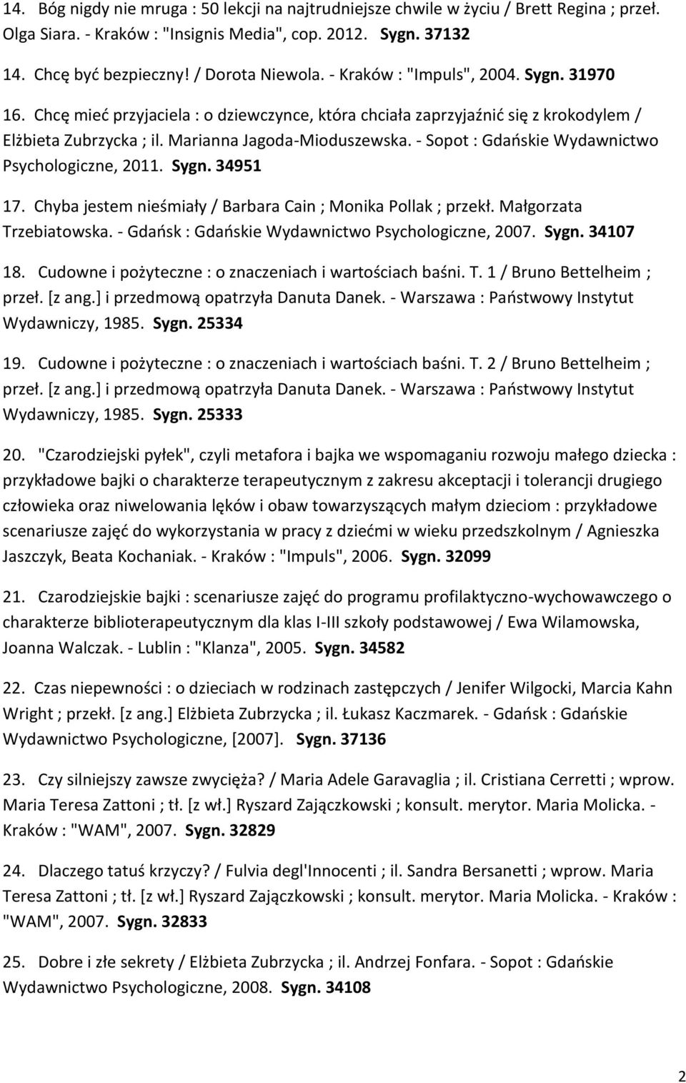 - Sopot : Gdańskie Wydawnictwo Psychologiczne, 2011. Sygn. 34951 17. Chyba jestem nieśmiały / Barbara Cain ; Monika Pollak ; przekł. Małgorzata Trzebiatowska.