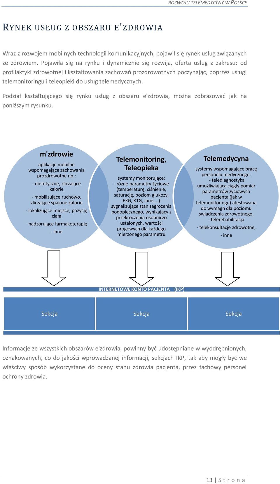 usług telemedycznych. Podział kształtującego się rynku usług z obszaru e'zdrowia, można zobrazować jak na poniższym rysunku. m'zdrowie aplikacje mobilne wspomagające zachowania prozdrowotne np.