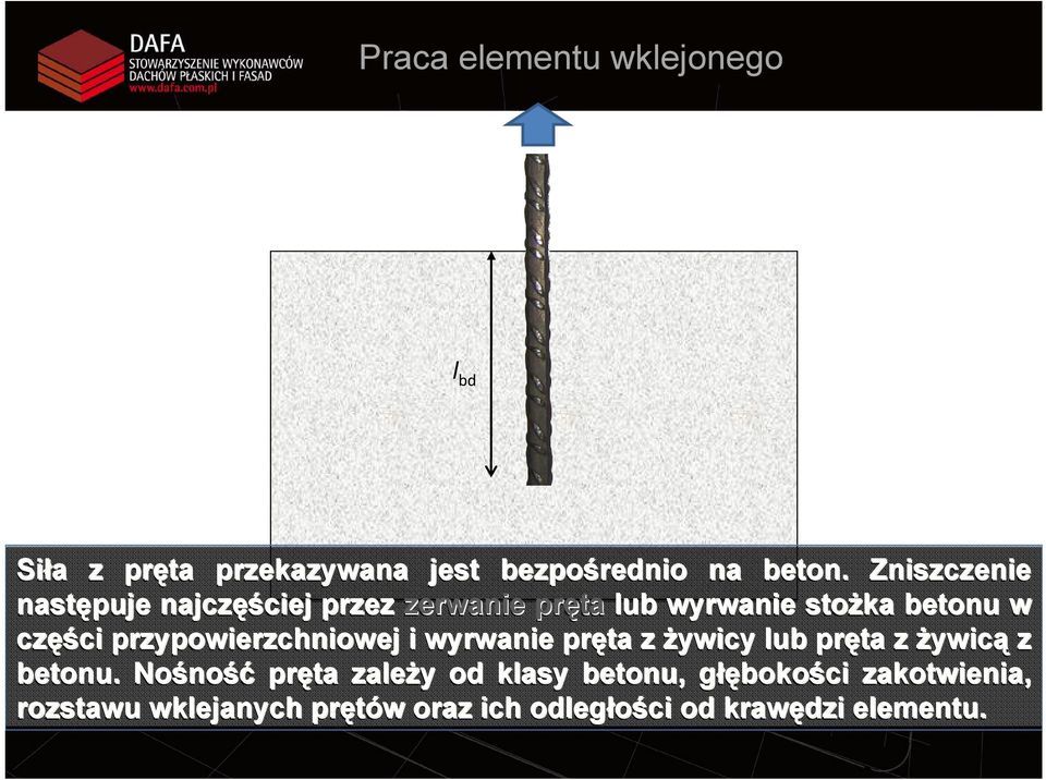 przypowierzchniowej i wyrwanie pręta z żywicy lub pręta z żywicą z betonu.