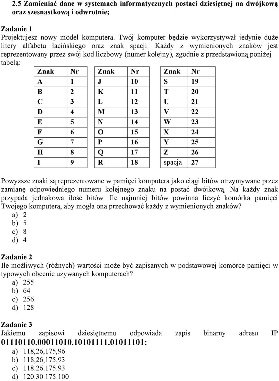 Każdy z wymienionych znaków jest reprezentowany przez swój kod liczbowy (numer kolejny), zgodnie z przedstawioną poniżej tabelą: Znak Nr Znak Nr Znak Nr A 1 J 10 S 19 B 2 K 11 T 20 C 3 L 12 U 21 D 4