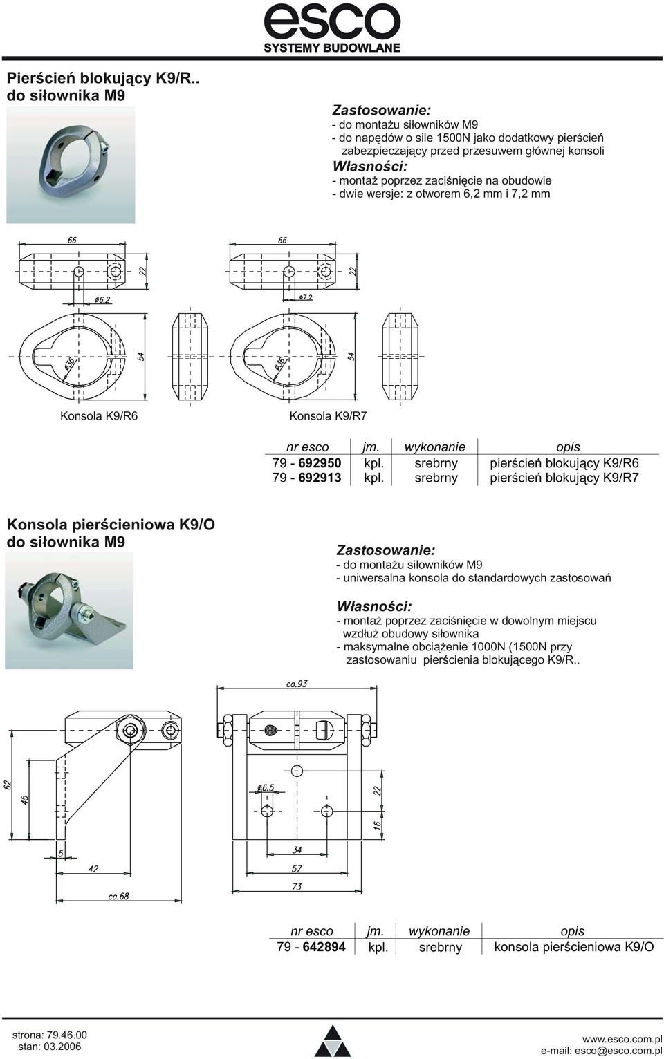 obudowie - dwie wersje: z otworem 6,2 mm i 7,2 mm Konsola K9/R6 Konsola K9/R7 79-692950 srebrny pierścień blokujący K9/R6 79-692913 srebrny pierścień blokujący K9/R7 Konsola