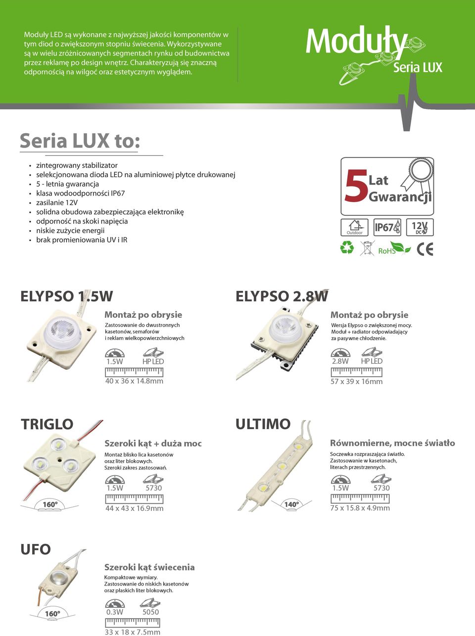 Moduły Seria LUX Seria LUX to: zintegrowany stabilizator selekcjonowana dioda LED na aluminiowej płytce drukowanej 5 - letnia gwarancja klasa wodoodporności IP67 zasilanie 12V solidna obudowa