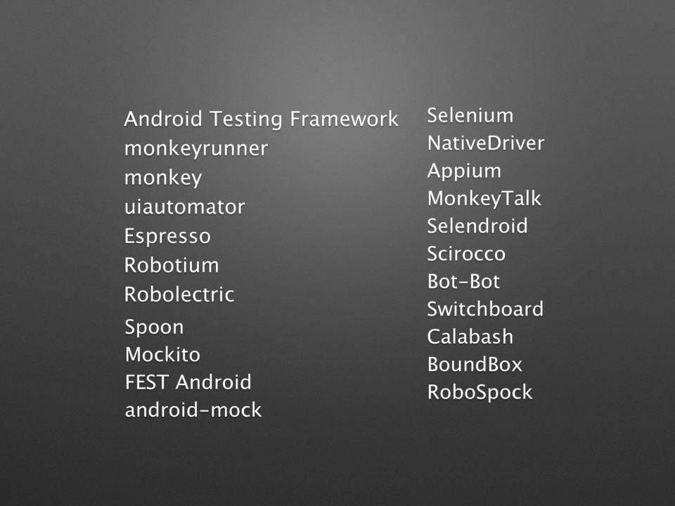 android-mock Selenium NativeDriver Appium MonkeyTalk