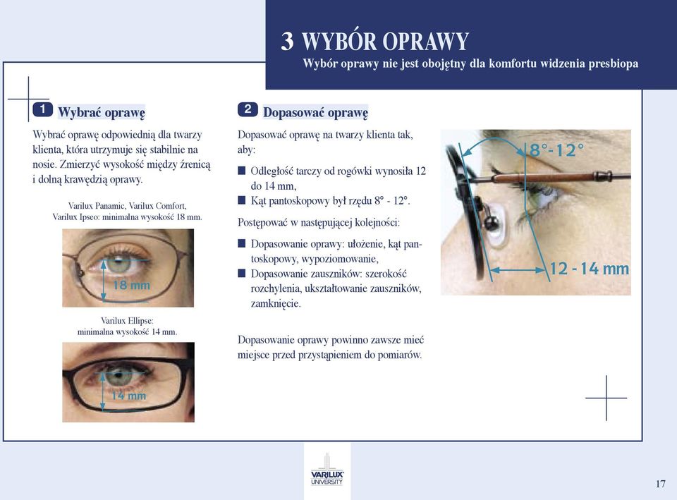 2 Dopasować oprawę Dopasować oprawę na twarzy klienta tak, aby: Odległość tarczy od rogówki wynosiła 12 do 14 mm, Kąt pantoskopowy był rzędu 8-12.