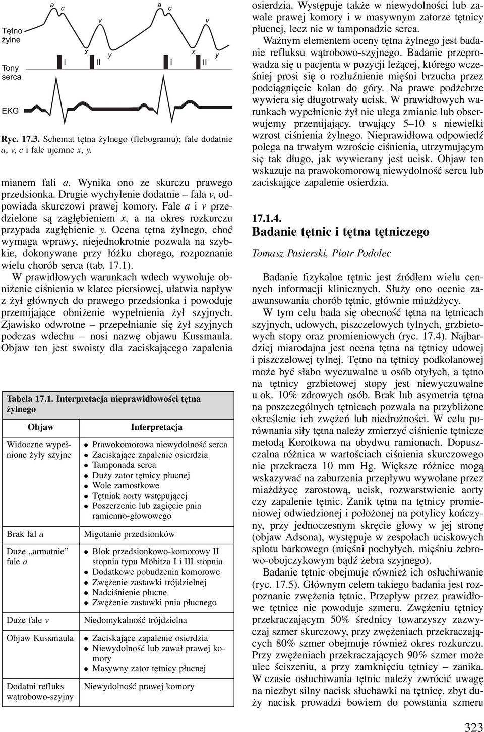 Ocena tętna żylnego, choć wymaga wprawy, niejednokrotnie pozwala na szybkie, dokonywane przy łóżku chorego, rozpoznanie wielu chorób serca (tab. 17.1).