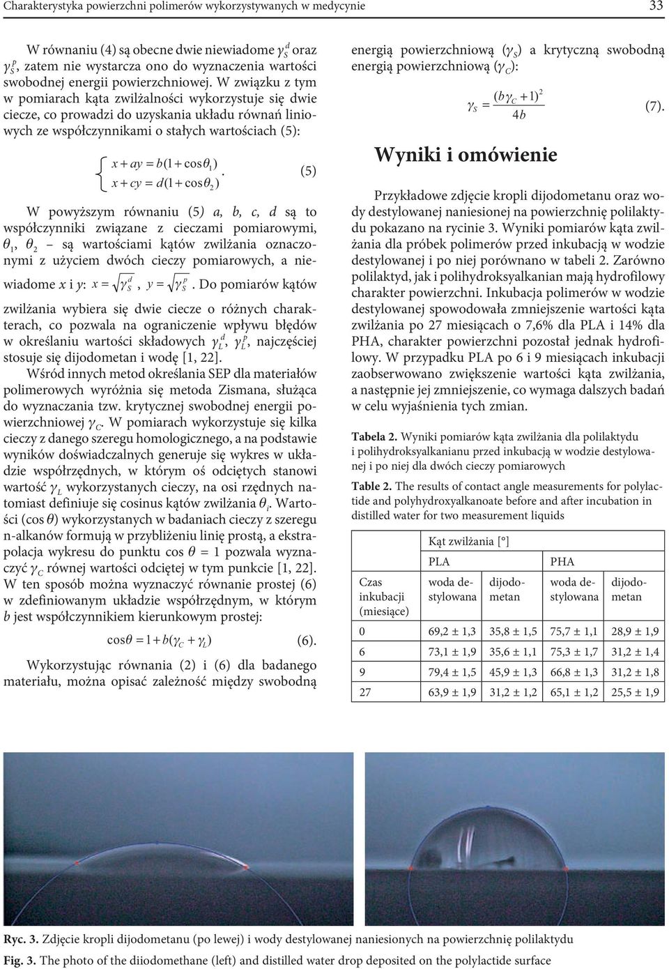(5) x + cy = (1 + cos θ ) W owyższym równaniu (5) a, b, c, są to wsółczynniki związane z cieczami omiarowymi, θ 1, θ 2 są wartościami kątów zwilżania oznaczonymi z użyciem wóch cieczy omiarowych, a
