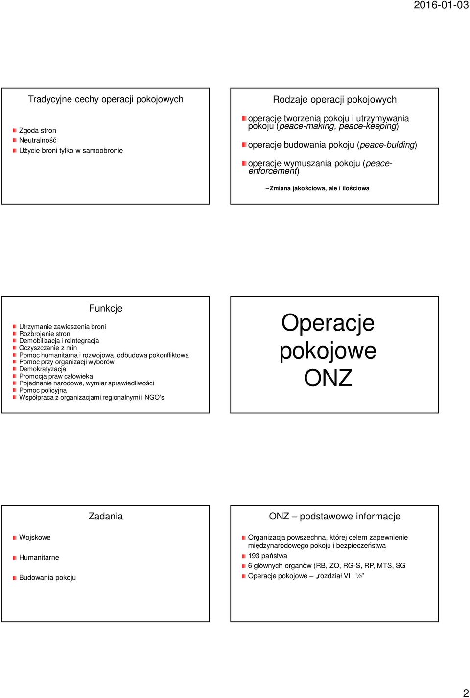 reintegracja Oczyszczanie z min Pomoc humanitarna i rozwojowa, odbudowa pokonfliktowa Pomoc przy organizacji wyborów Demokratyzacja Promocja praw człowieka Pojednanie narodowe, wymiar sprawiedliwości