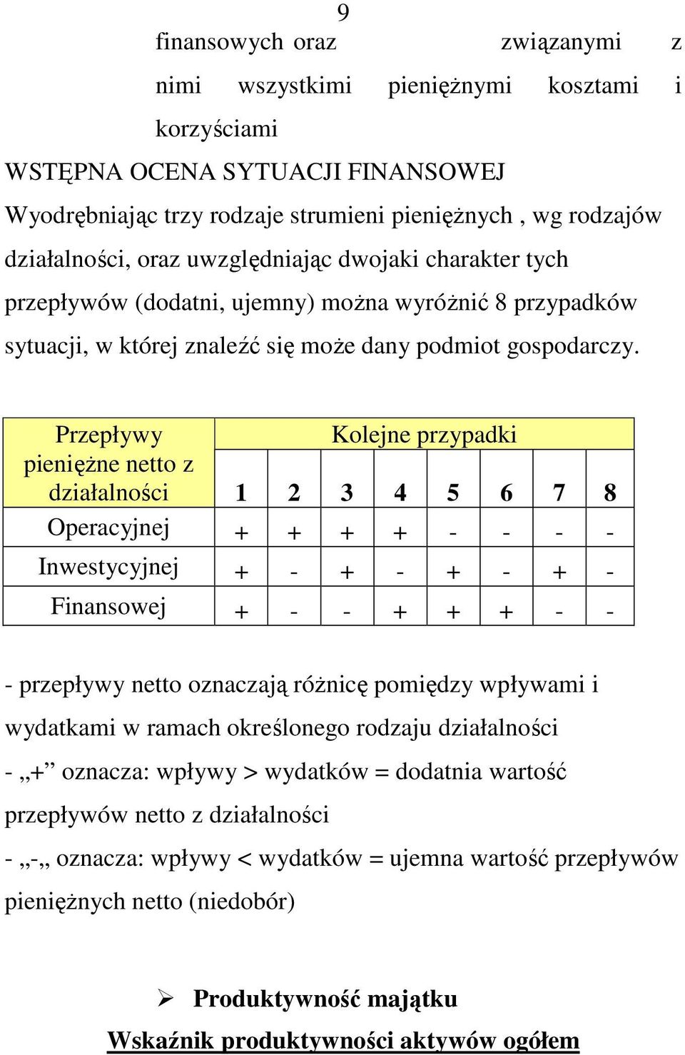 Przepływy Kolejne przypadki pienięŝne netto z działalności 1 2 3 4 5 6 7 8 Operacyjnej + + + + - - - - Inwestycyjnej + - + - + - + - Finansowej + - - + + + - - - przepływy netto oznaczają róŝnicę