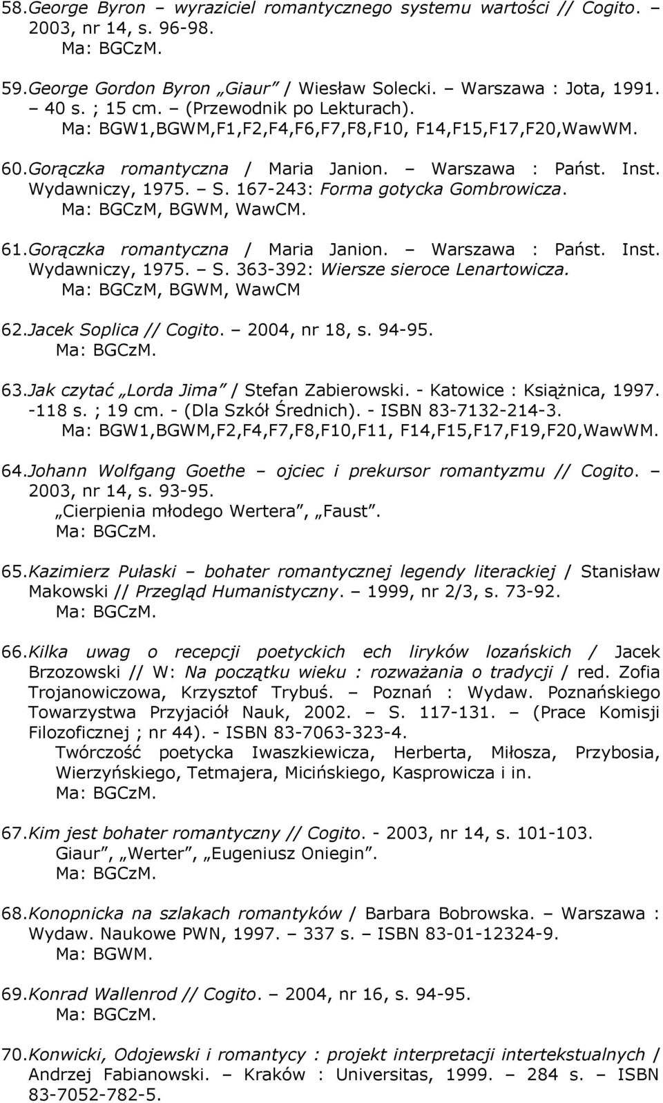 167-243: Forma gotycka Gombrowicza. Ma: BGCzM, BGWM, WawCM. 61.Gorączka romantyczna / Maria Janion. Warszawa : Państ. Inst. Wydawniczy, 1975. S. 363-392: Wiersze sieroce Lenartowicza.