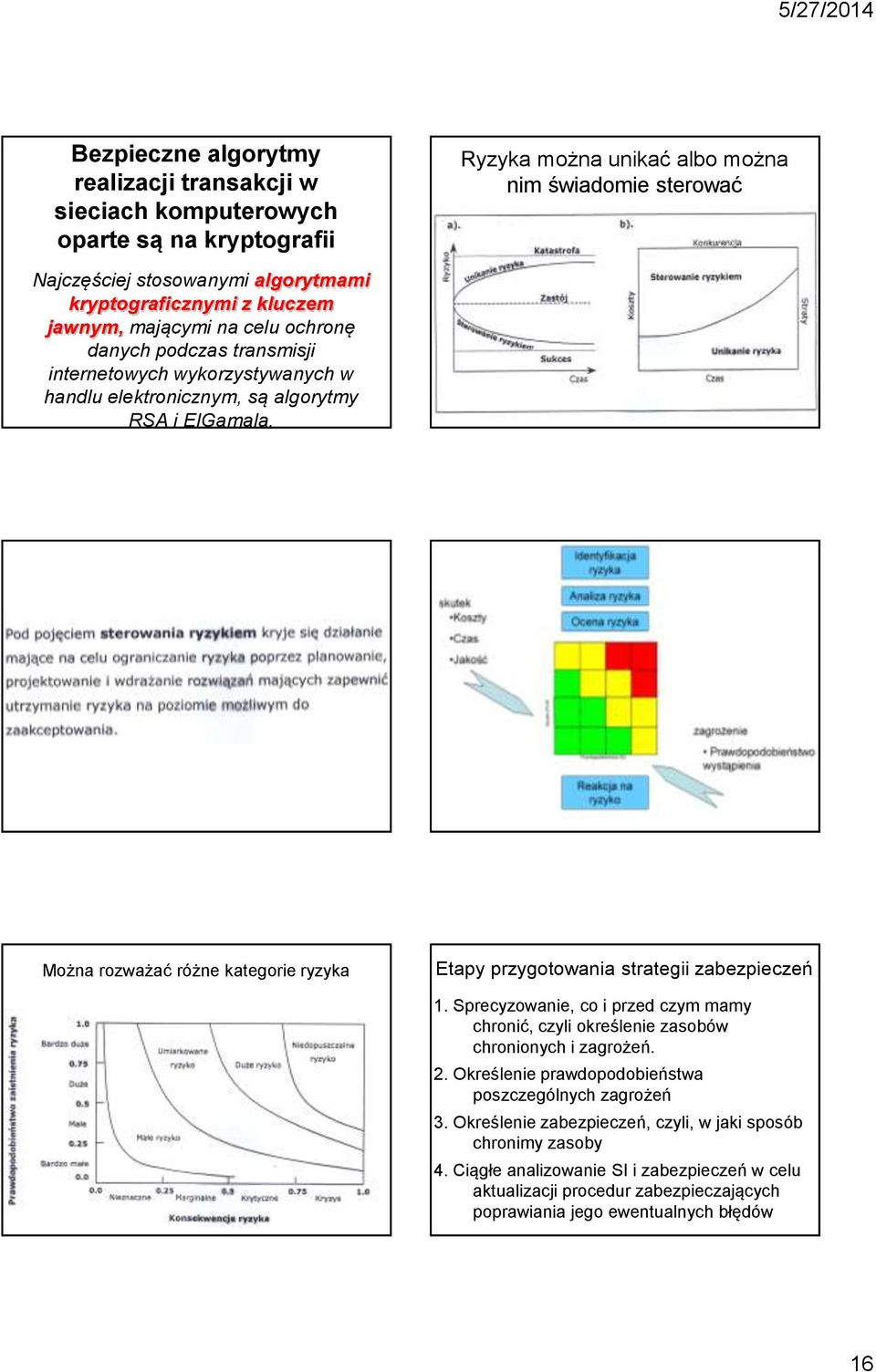 Można rozważać różne kategorie ryzyka Etapy przygotowania strategii zabezpieczeń 1. Sprecyzowanie, co i przed czym mamy chronić, czyli określenie zasobów chronionych i zagrożeń. 2.