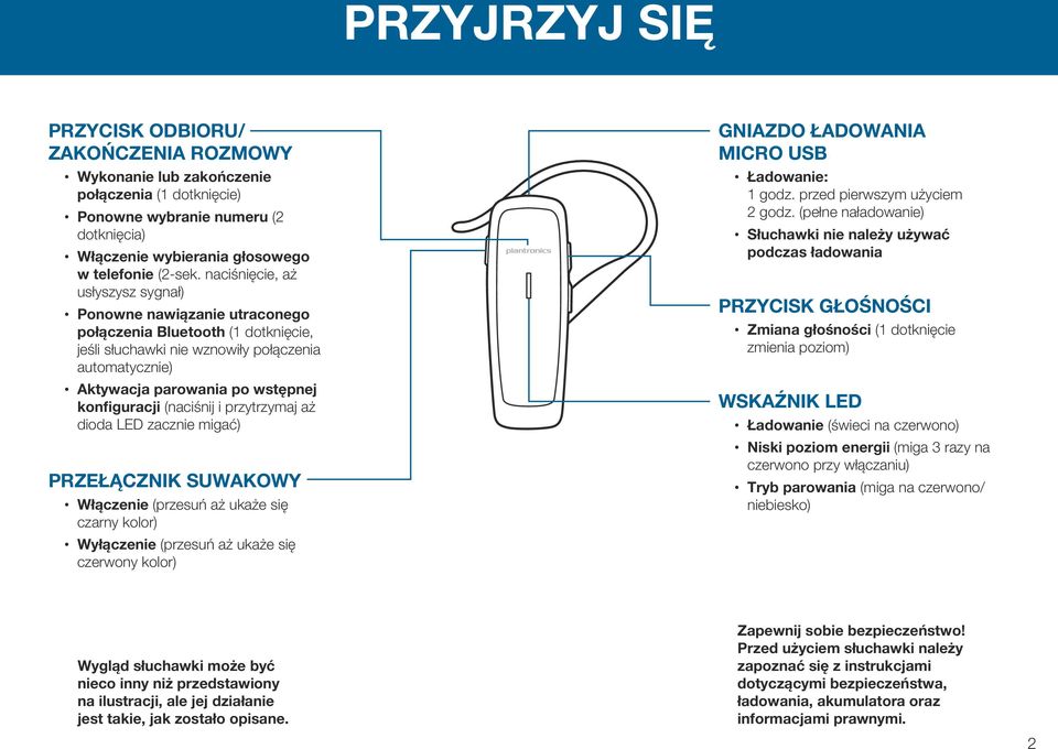 (naciśnij i przytrzymaj aż dioda LED zacznie migać) PRZEŁĄCZNIK SUWAKOWY Włączenie (przesuń aż ukaże się czarny kolor) Wyłączenie (przesuń aż ukaże się czerwony kolor) GNIAZDO ŁADOWANIA MICRO USB