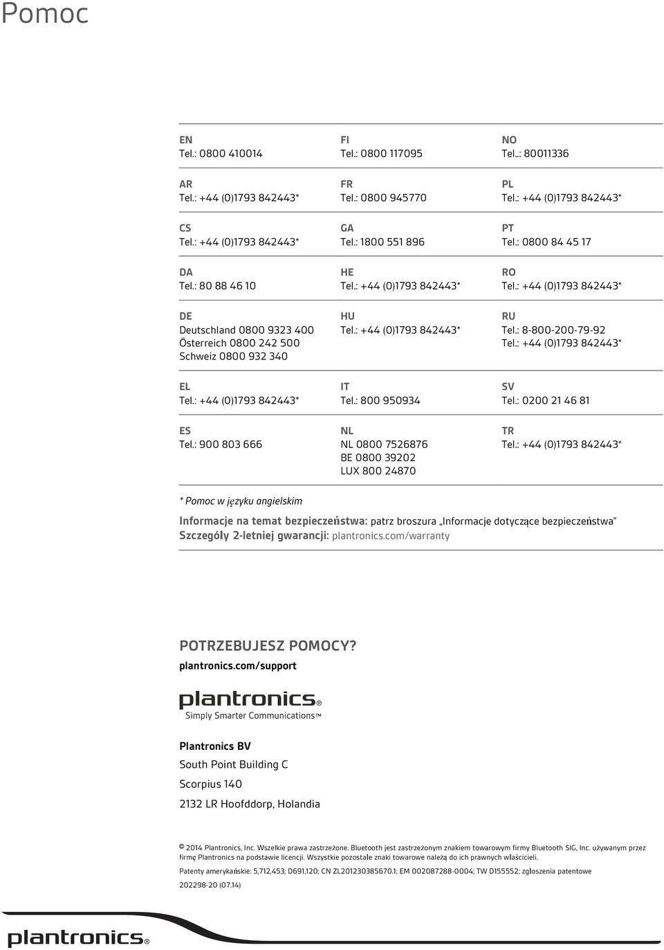 : 900 803 666 NL NL 0800 7526876 BE 0800 39202 LUX 800 24870 TR * Pomoc w języku angielskim Informacje na temat bezpieczeństwa: patrz broszura Informacje dotyczące bezpieczeństwa Szczegóły 2-letniej