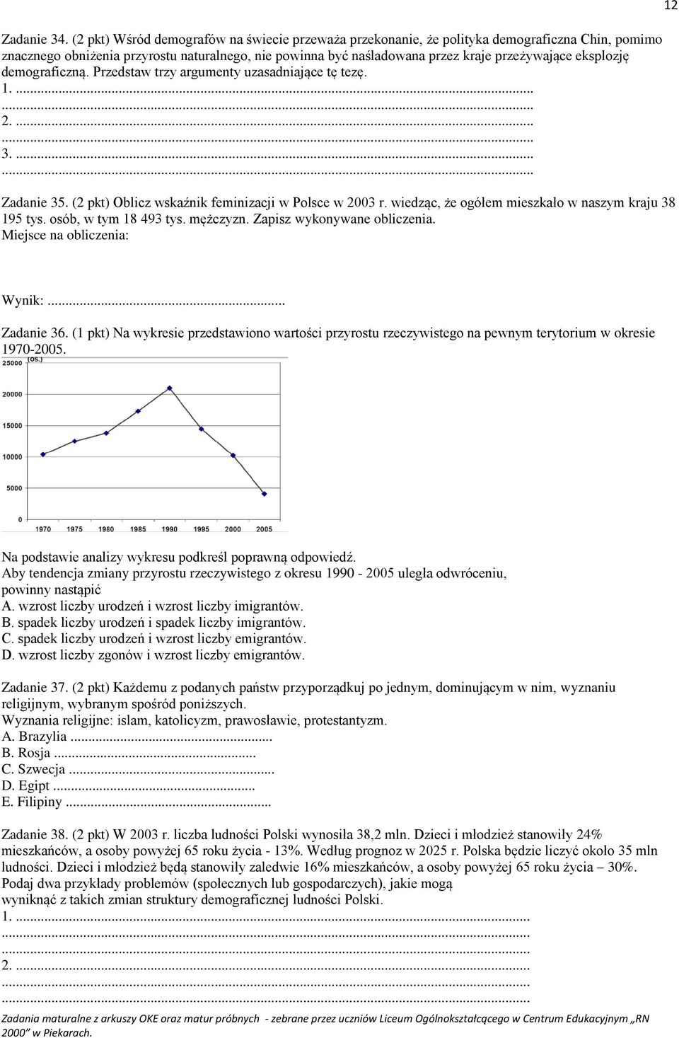 eksplozję demograficzną. Przedstaw trzy argumenty uzasadniające tę tezę. 3... Zadanie 35. (2 pkt) Oblicz wskaźnik feminizacji w Polsce w 2003 r. wiedząc, że ogółem mieszkało w naszym kraju 38 195 tys.