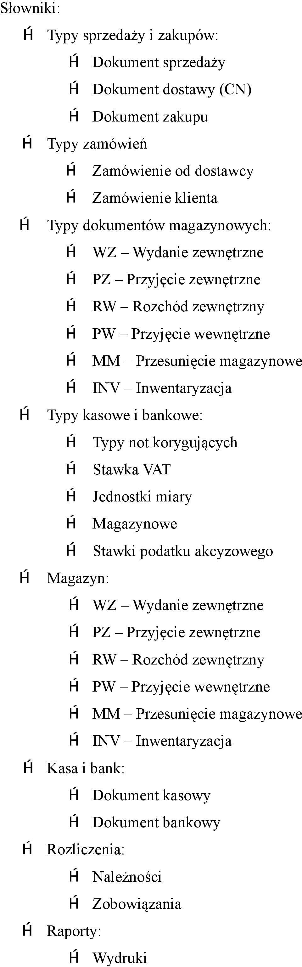 bankowe: Typy not korygujących Stawka VAT Jednostki miary Magazynowe Stawki podatku akcyzowego Magazyn: WZ Wydanie zewnętrzne PZ Przyjęcie zewnętrzne RW Rozchód
