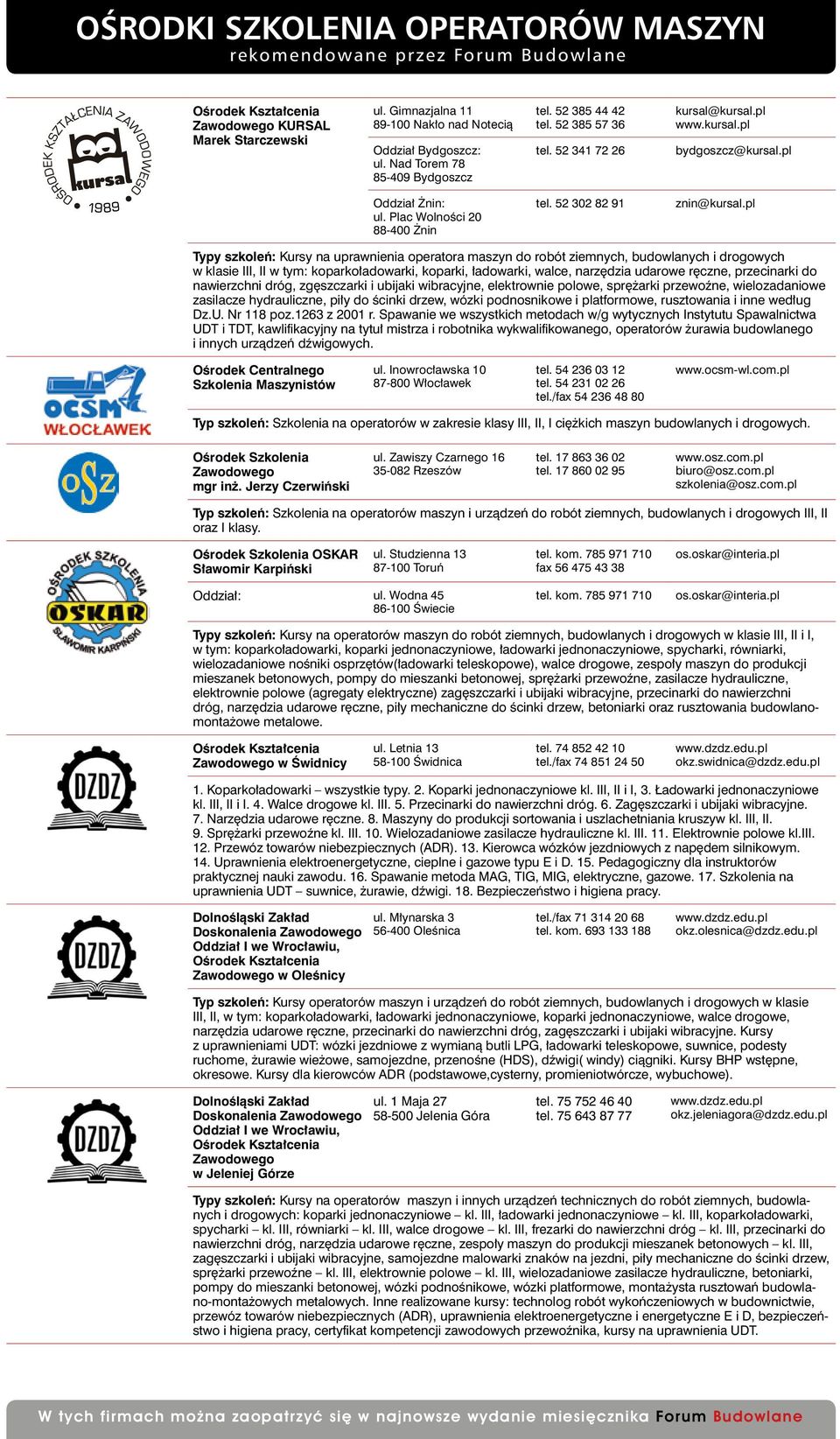 pl Typy szkoleń: Kursy na uprawnienia operatora maszyn do robót ziemnych, budowlanych i drogowych w klasie III, II w tym: koparkoładowarki, koparki, ładowarki, walce, narzędzia udarowe ręczne,