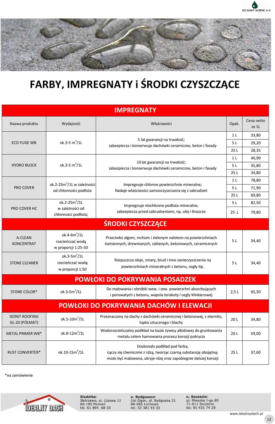 2-25m 2 /1L w zależności od chłonności podłoża; 5 lat gwarancji na trwałość; zabezpiecza i konserwuje dachówki ceramiczne, beton i fasady 10 lat gwarancji na trwałość; zabezpiecza i konserwuje