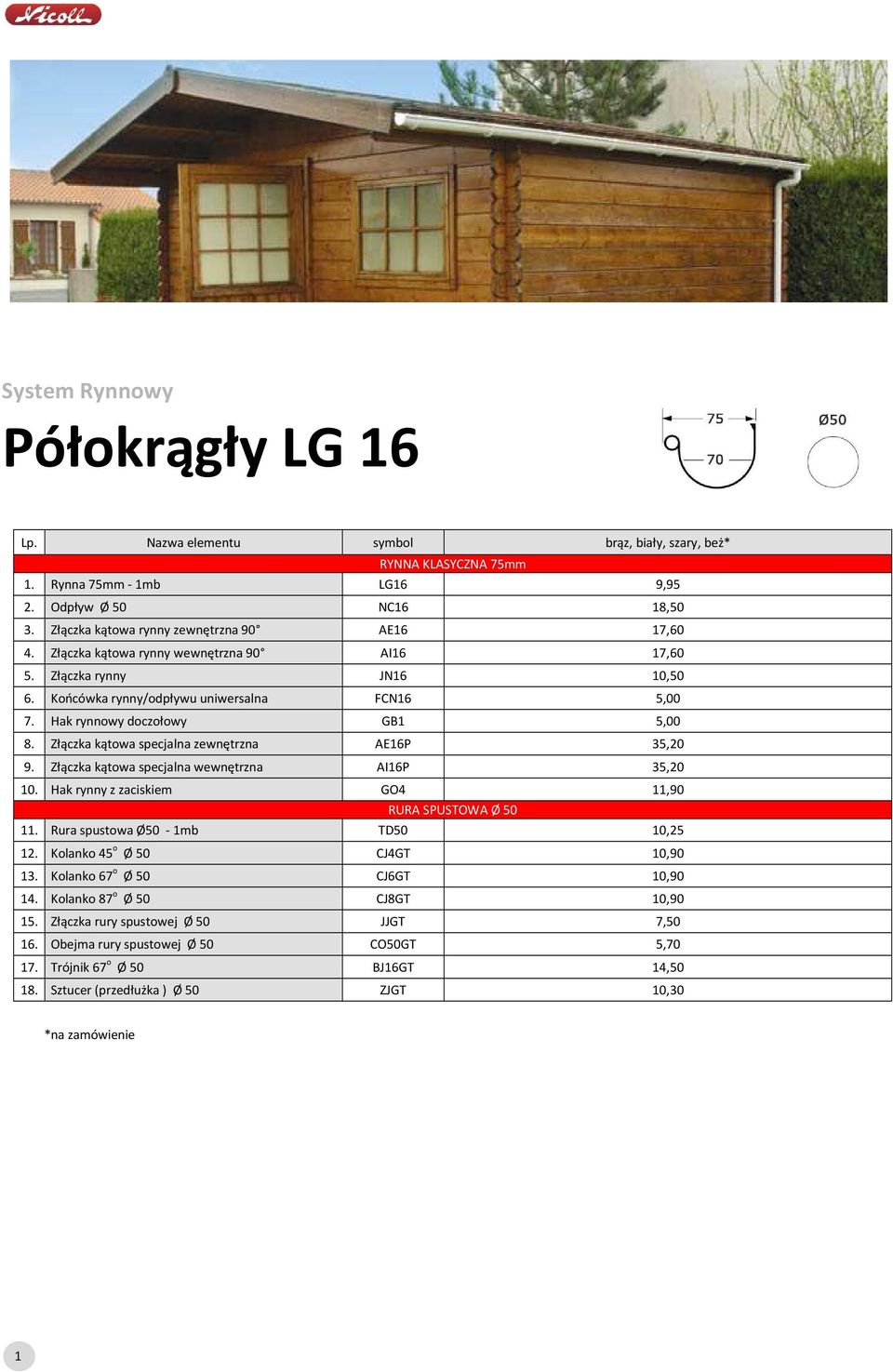 Hak rynnowy doczołowy GB1 5,00 8. Złączka kątowa specjalna zewnętrzna AE16P 35,20 9. Złączka kątowa specjalna wewnętrzna AI16P 35,20 10. Hak rynny z zaciskiem GO4 11,90 RURA SPUSTOWA Ø 50 11.